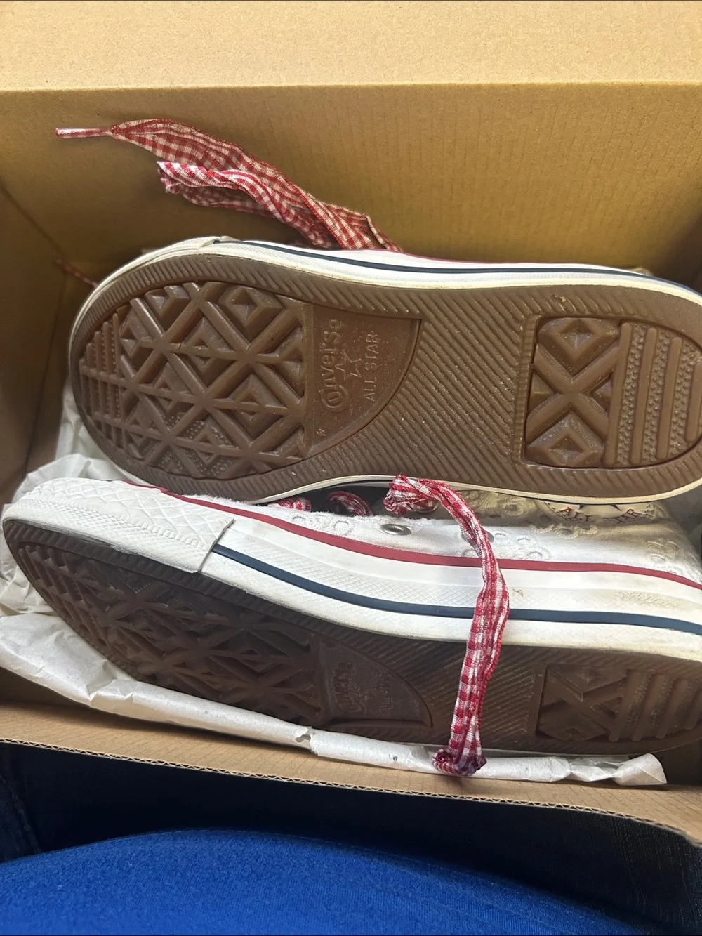 Converse White Kids High-Top Sneakers with Red Gingham Laces NEDOS